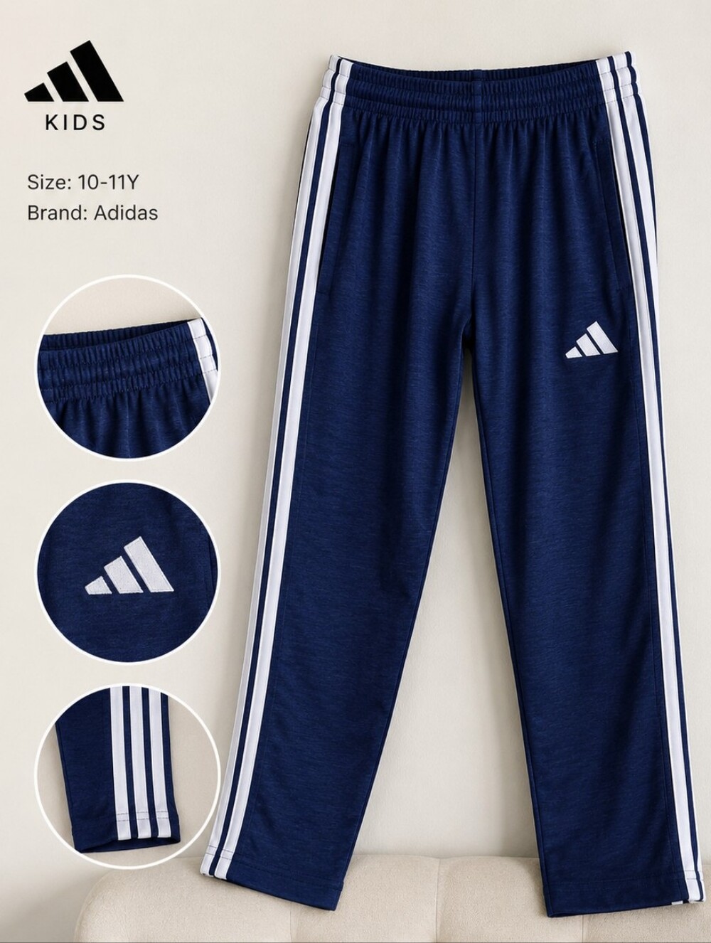 adidas Kids Navy Blue Joggers with White Side Stripes